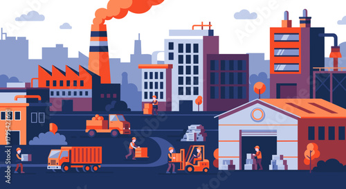 Busy city industrial scene with workers trucks and factories