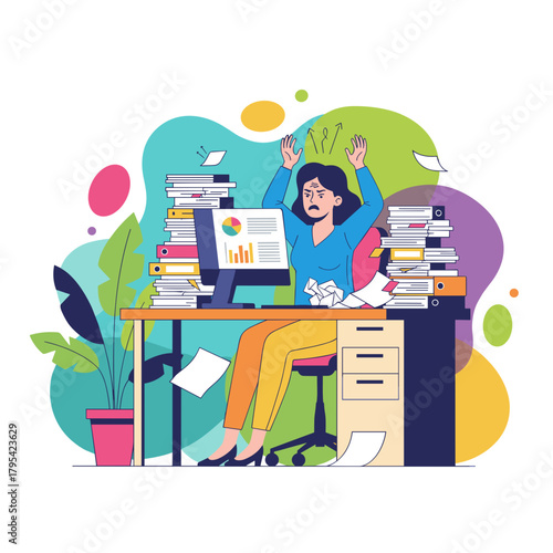 Stressed businesswoman overwhelmed by piles of paperwork and crushing deadlines in the office