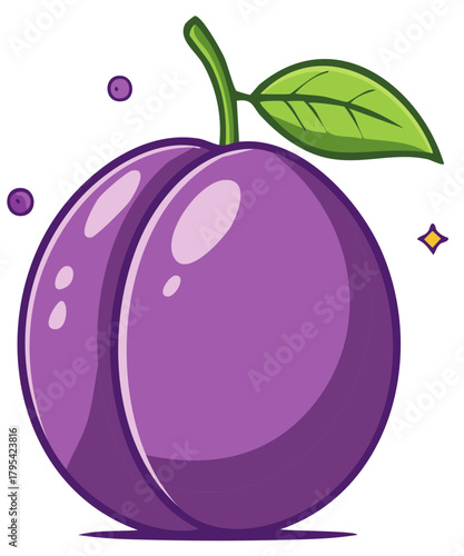 Vibrant Purple Plum with Leaf and Stem Icon Cartoon Fresh Produce Illustration