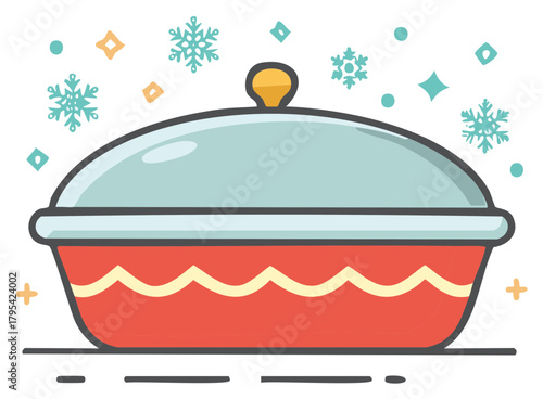 Cozy Winter Casserole Dish with Falling Snowflakes and Decorative Elements