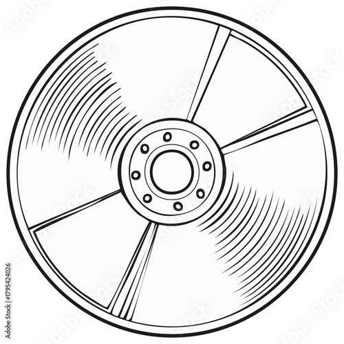 Black and White Illustration of Old Vinyl Record with Grooves and Spindle