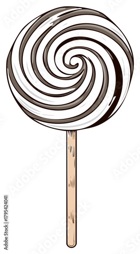 Swirl lollipop illustration with a wooden stick. Sweet treat cartoon design.
