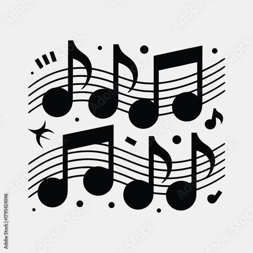 Musical notes and symbols on a light gray background, representing music and sound