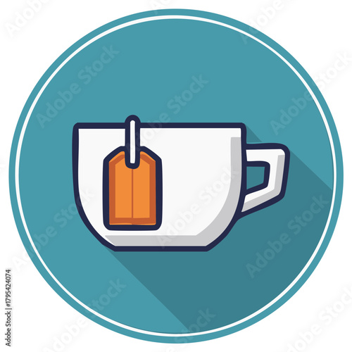 Minimalist flat design icon of a white teacup with an orange tea bag in a teal circle with shadow