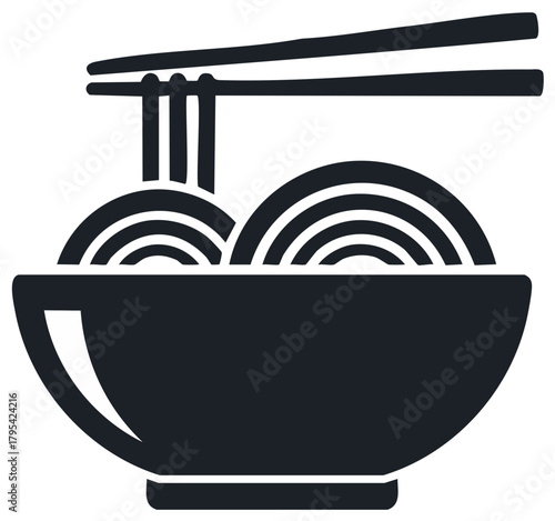 Simple icon of a ramen noodle bowl with chopsticks. Asian food vector silhouette for a restaurant logo.