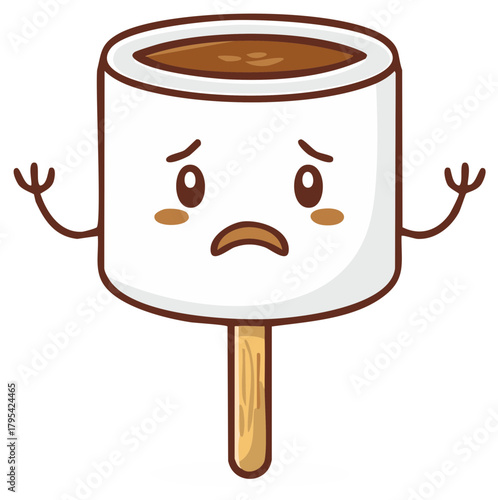 Worried cartoon marshmallow with a sad face on a wooden stick cute kawaii food character