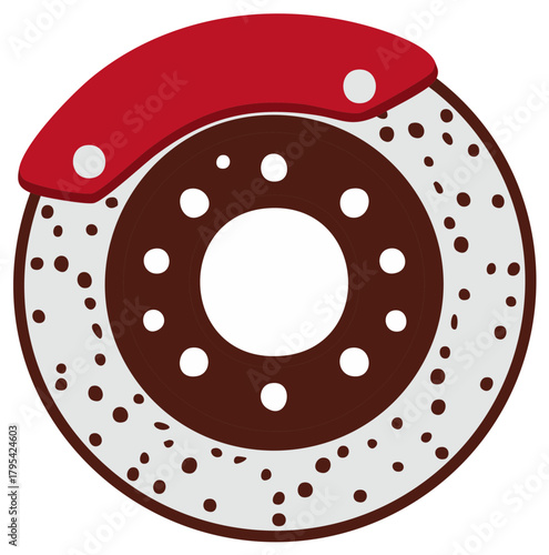 Car performance brake disc with perforated rotor and red caliper vector illustration