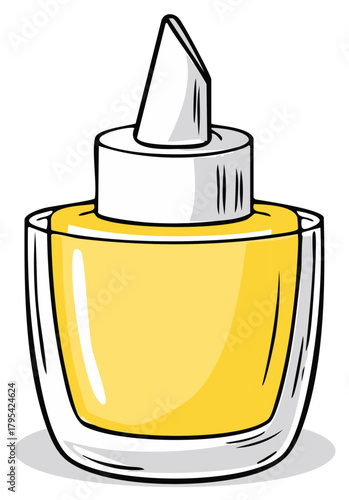 Illustration of a yellow liquid in a clear glass bottle with applicator tip