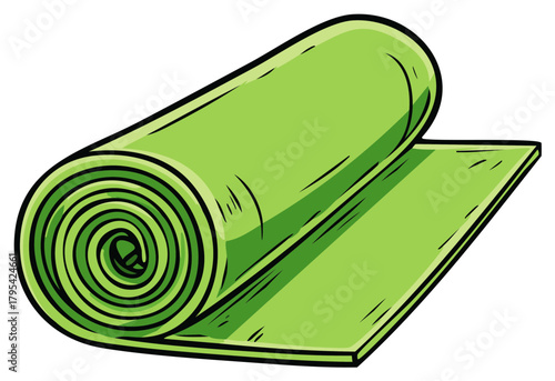 Rolled out green yoga mat cartoon illustration for fitness and workout concept.