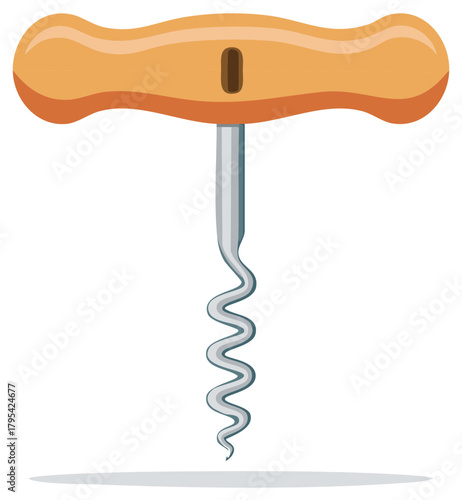 Vector illustration of a classic corkscrew with a wooden handle for opening wine bottles.