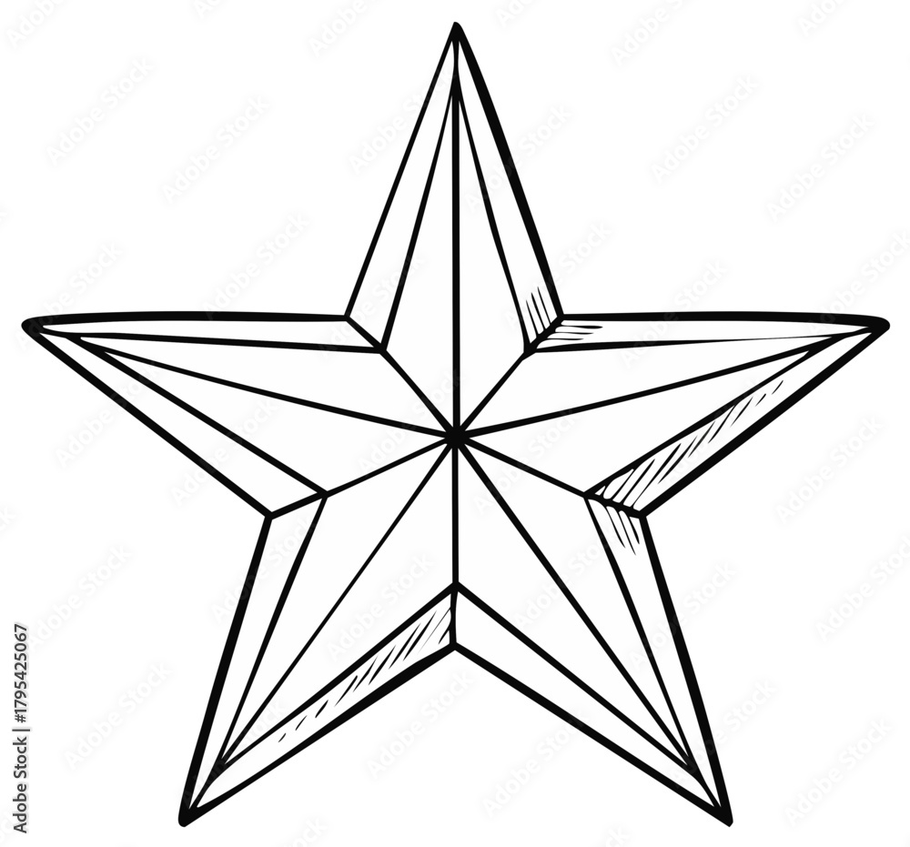 Obraz premium Faceted five-pointed star hand drawn sketch illustration in black line art