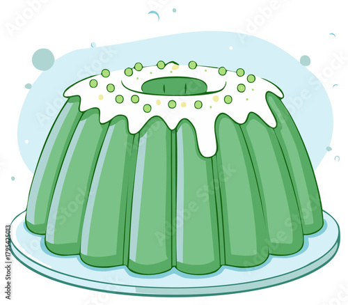 Green gelatin dessert with white frosting and sprinkles on a light blue plate illustration