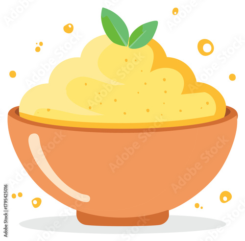 Cartoon illustration of a yellow food served in an orange bowl with green leaves