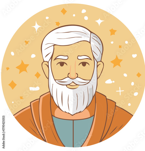 Cartoon Man with Beard and Stars, Illustration in Circle, Robe