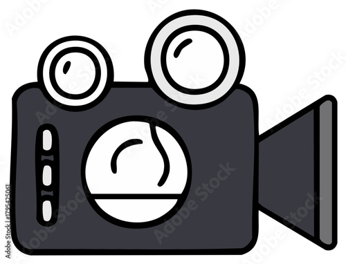 Cartoon retro film camera icon with lens and view finder for movies