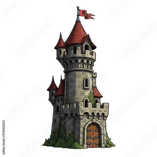 Medieval Stone Castle Tower with Red Roofs and Wooden Doors Isolated on Transparent Background Detailed Illustration