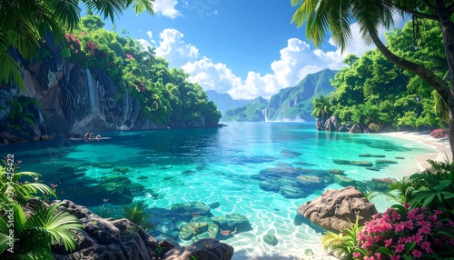 Fototapeta Naklejka Na Ścianę i Meble -  Vivid tropical beach scene with turquoise water, lush foliage, mountains, pink flowers, and palm trees under a blue sky
