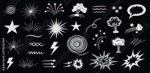 Collection of White Hand-Drawn Explosions, Stars, Lightning Bolts, and Speech Bubbles on a Black Background