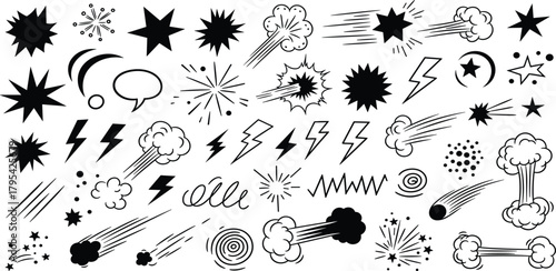 Collection of comic book style sound effect and action explosion graphic elements, perfect for adding dynamic visual flair to designs