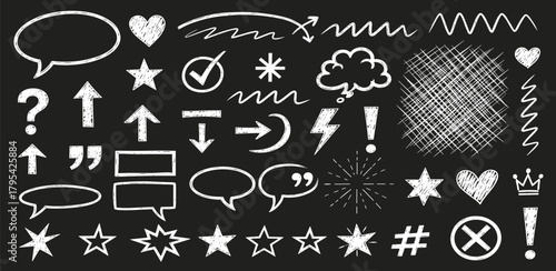 Collection of Chalkboard Drawn Symbols and Icons Including Speech Bubbles, Stars, Hearts, Exclamations, and Arrows on a Black Background