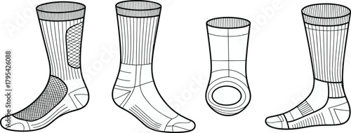 Detailed technical vector illustration of various athletic sock designs showcasing structure, stitching patterns, cushioning zones, fabric texture and performance features