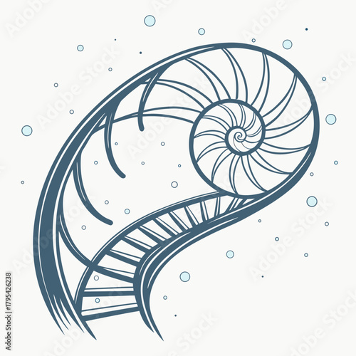 Stylized nautilus shell unfurling with delicate bubbles floating in a clean white background