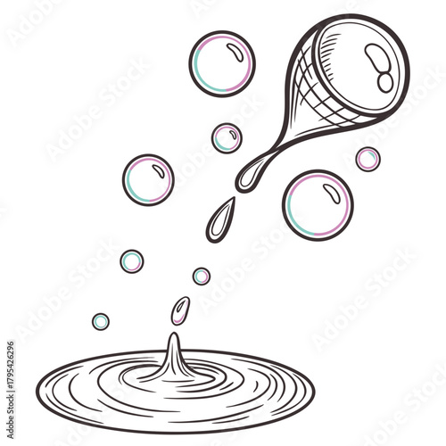 Hand drawn illustration of a soda can pouring liquid with bubbles and water drops splashing