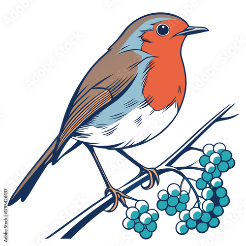 Charming european robin perched on a branch with clusters of blue berries against a white background