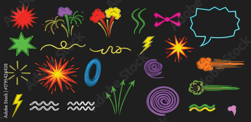 Dynamic and Vibrant Comic Book Style Graphic Elements Set Explosions, Bursts, Lightning, and Speech Bubbles for Energetic Design Concepts
