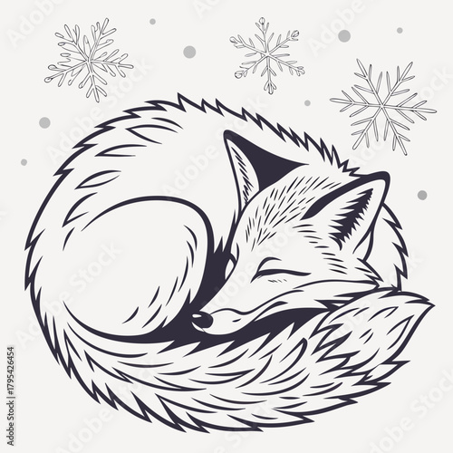 Stylized illustration of a sleeping fox curled up with snowflakes falling around it