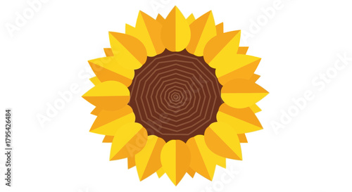 A stylized sunflower illustration with geometric shapes and vibrant color scheme
