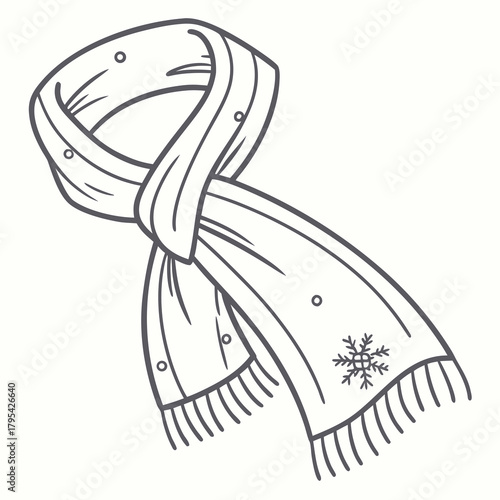 Stylized line art illustration of a knitted winter scarf with snowflake pattern and fringe