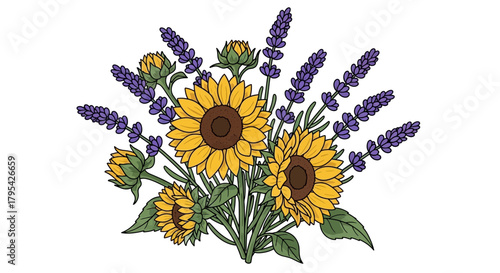 Delicate floral arrangement featuring sunflowers and lavender on white background