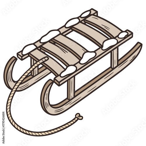 Classic wooden sled with rope and snow patches ready for winter fun and outdoor activities
