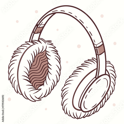 Cozy fluffy earmuffs with a simple line drawing style and soft pink dots background