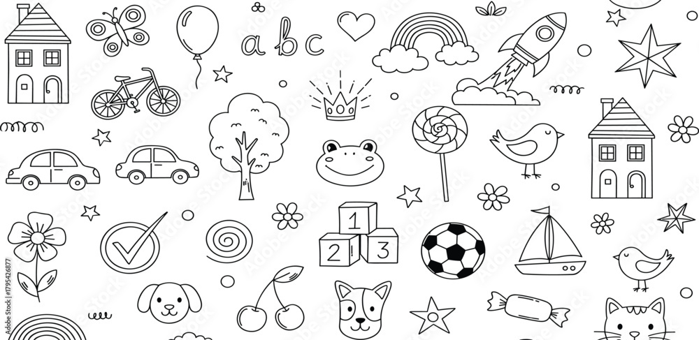 Fototapeta premium Whimsical Hand-Drawn Kids' Doodle Pattern A Creative Seamless Background Featuring Playful Everyday Objects and Charming Childhood Illustrations for Textile Design and Fun Projects
