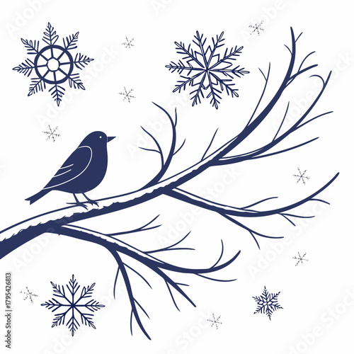 A solitary dark blue bird rests on a snow covered bare tree branch surrounded by falling snowflakes