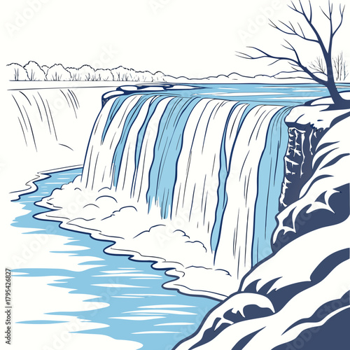 Stylized illustration of a majestic waterfall cascading over rocky cliffs in a winter landscape