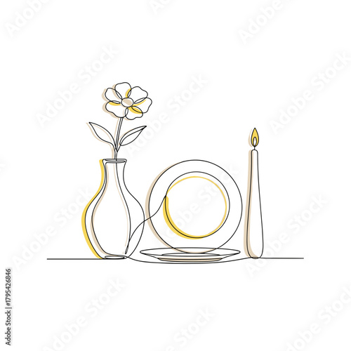 continuous one-line drawing of table setting elements for romantic dinner invitations, restaurant menu design, or home cooking blogs