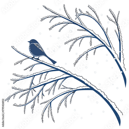 A solitary blue bird perches on a snow covered branch during a gentle snowfall