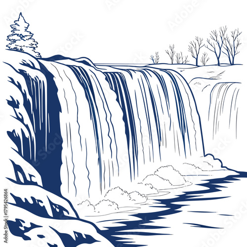 Majestic waterfall cascading down rocky cliffs surrounded by bare trees and snow covered ground
