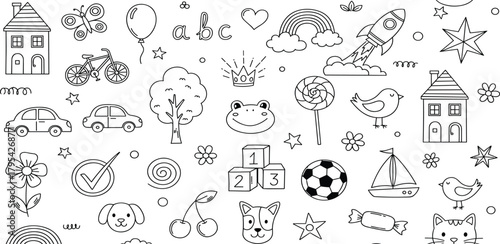 Whimsical Hand-Drawn Kids' Doodle Pattern A Creative Seamless Background Featuring Playful Everyday Objects and Charming Childhood Illustrations for Textile Design and Fun Projects