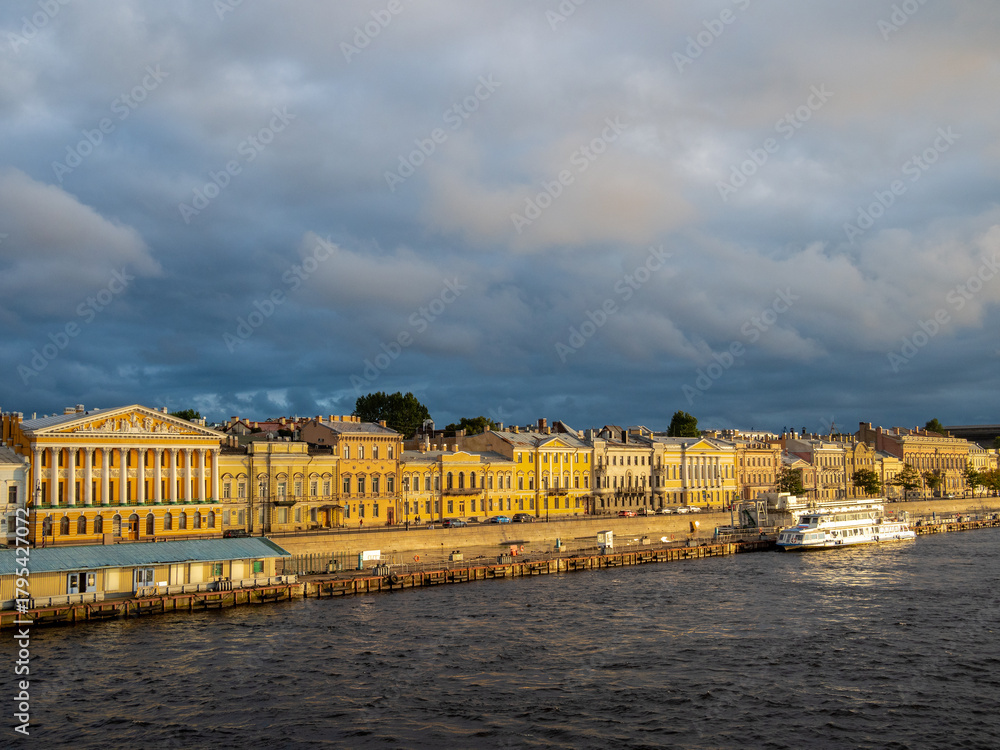 Naklejka premium houses, pier on English Quay in St Petersburg city