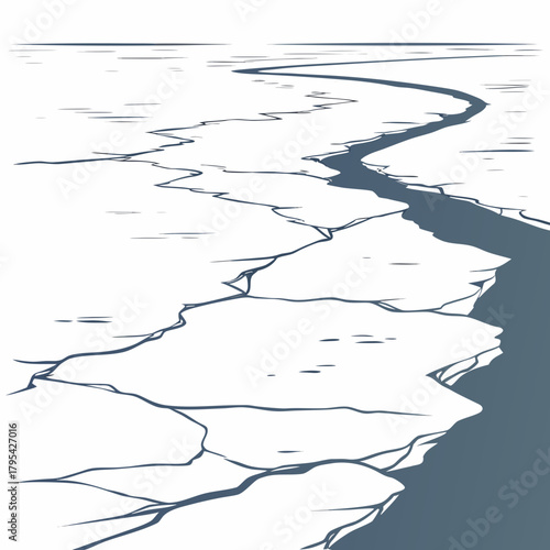 Abstract illustration of a winding dark blue crack on a white icy surface with subtle horizontal lines