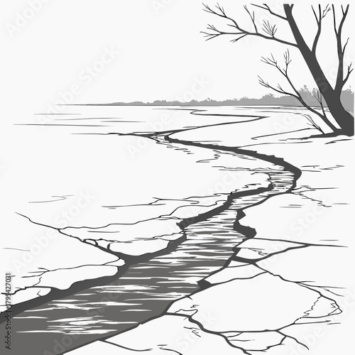 A stark black and white illustration of a cracked frozen lake with a winding channel of open water leading to a distant treeline