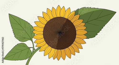Illustrated sunflower bloom with vibrant petals and verdant leaves detail