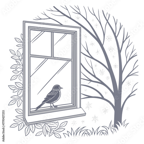 A small bird sits on a windowsill looking out at a winter scene with falling snowflakes and bare tree branches