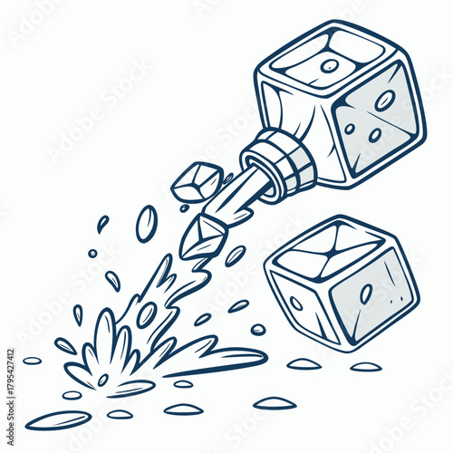 Stylized illustration of ice cubes splashing out of a bottle with a dynamic spray of liquid