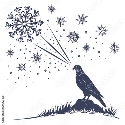 A lone pigeon perched on a rock gazes upwards at a flurry of snowflakes and a large snowflake overhead