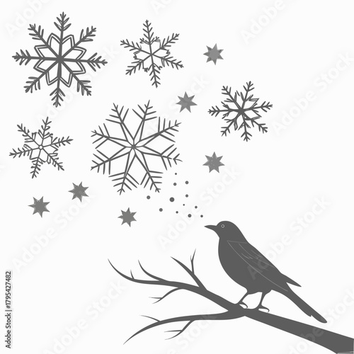 A lone bird perched on a bare branch surrounded by falling snowflakes and stars on a white background